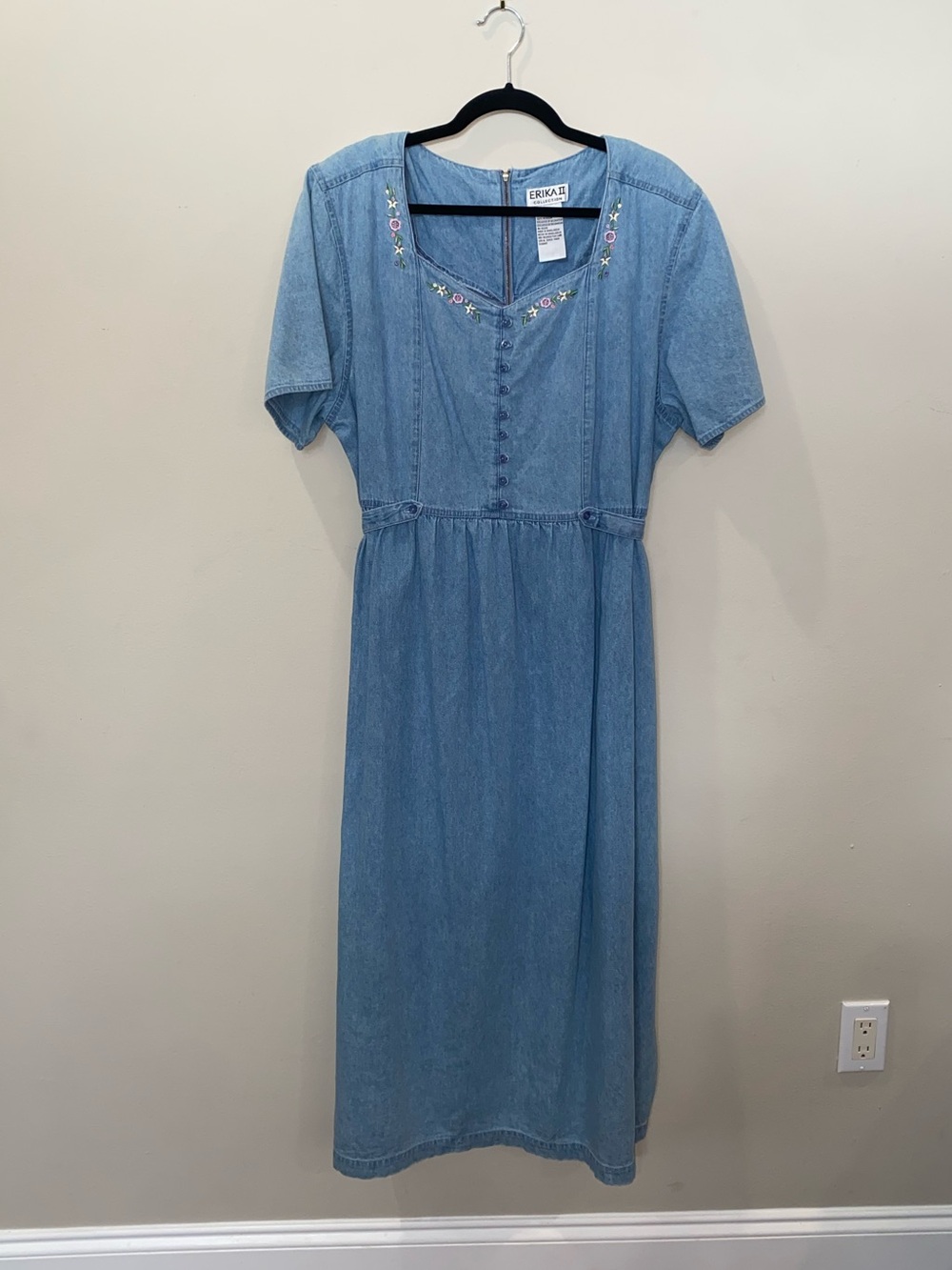 Vintage 90s Cottagecore Erika II Light Denim Maxi Dress with Floral Embroidery